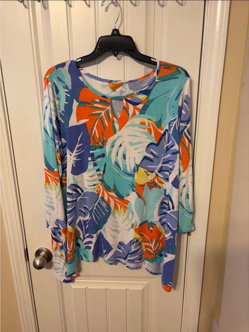Ruby Rd. Long Sleeve Tropical Leaf Top - Blue Teal Orange White